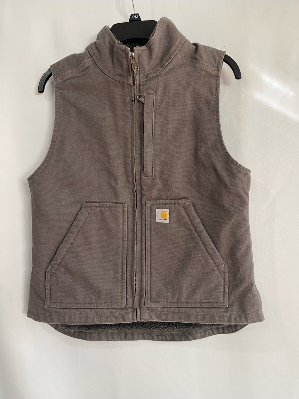 Carhartt Washed Duck Mock Neck Vest Taupe Gray XS relaxed fit Sherpa lined vest